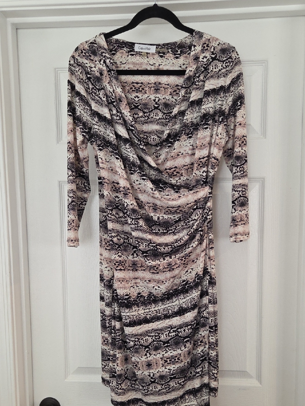 Calvin Klein Black and Pink Patterned Long-Sleeve Wrap Dress